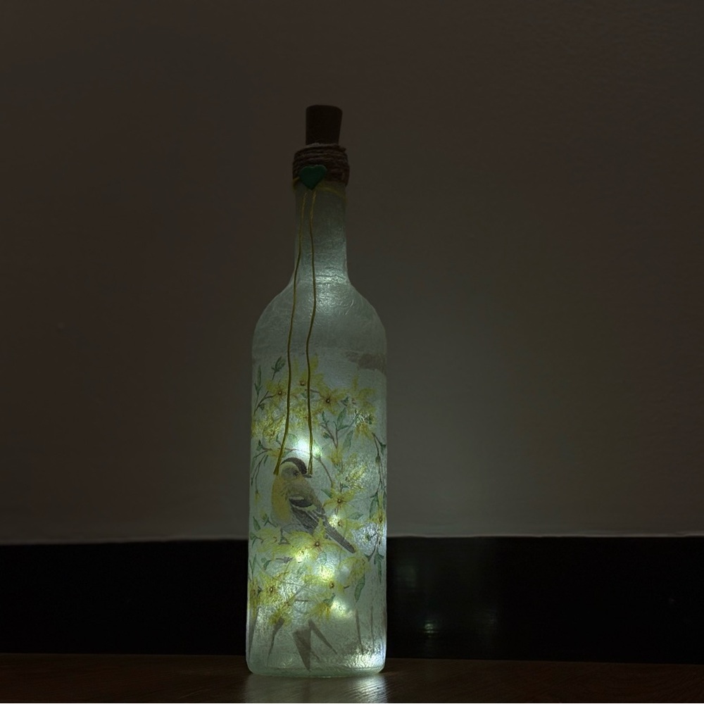 Illuminated Glass Bottle Art with Bird Design